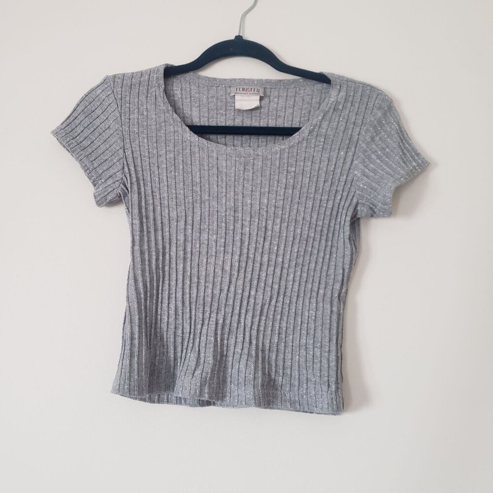Vintage Tempted Womens Gray Metallic Cropped‎ Short Sleeve Shirt Size M Fitted